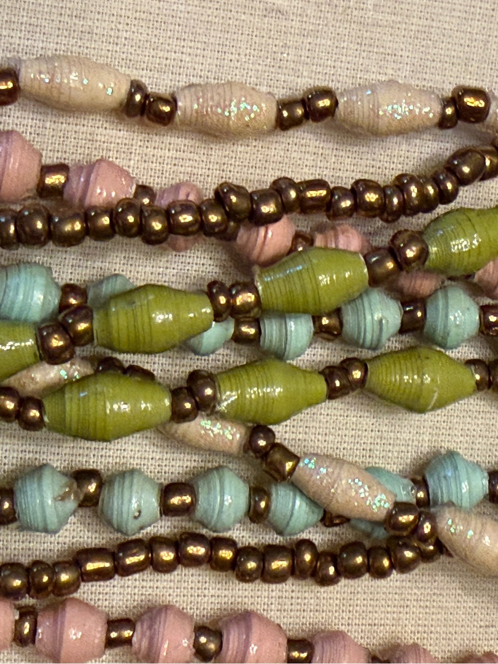Paper Bead Multi Strand Necklace Blue,Pink, Green,WhiteSparkle Antique Gold Bead - Picture 4 of 6